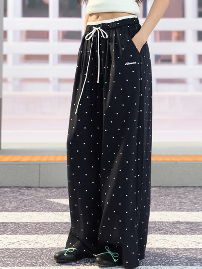 "Coastal Departure" Navy Polka Dot Wide-Leg Pants