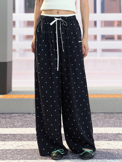 "Coastal Departure" Navy Polka Dot Wide-Leg Pants