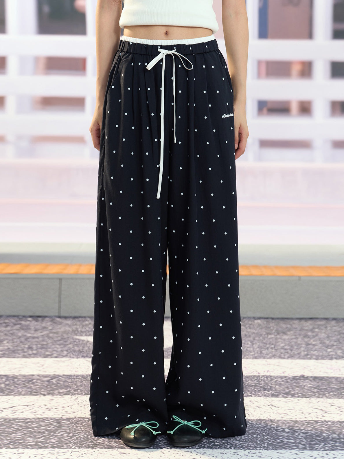"Coastal Departure" Navy Polka Dot Wide-Leg Pants