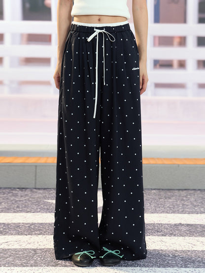 "Coastal Departure" Navy Polka Dot Wide-Leg Pants