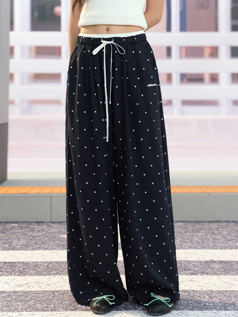 "Coastal Departure" Navy Polka Dot Wide-Leg Pants