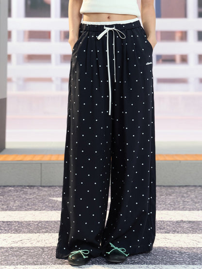 "Coastal Departure" Navy Polka Dot Wide-Leg Pants