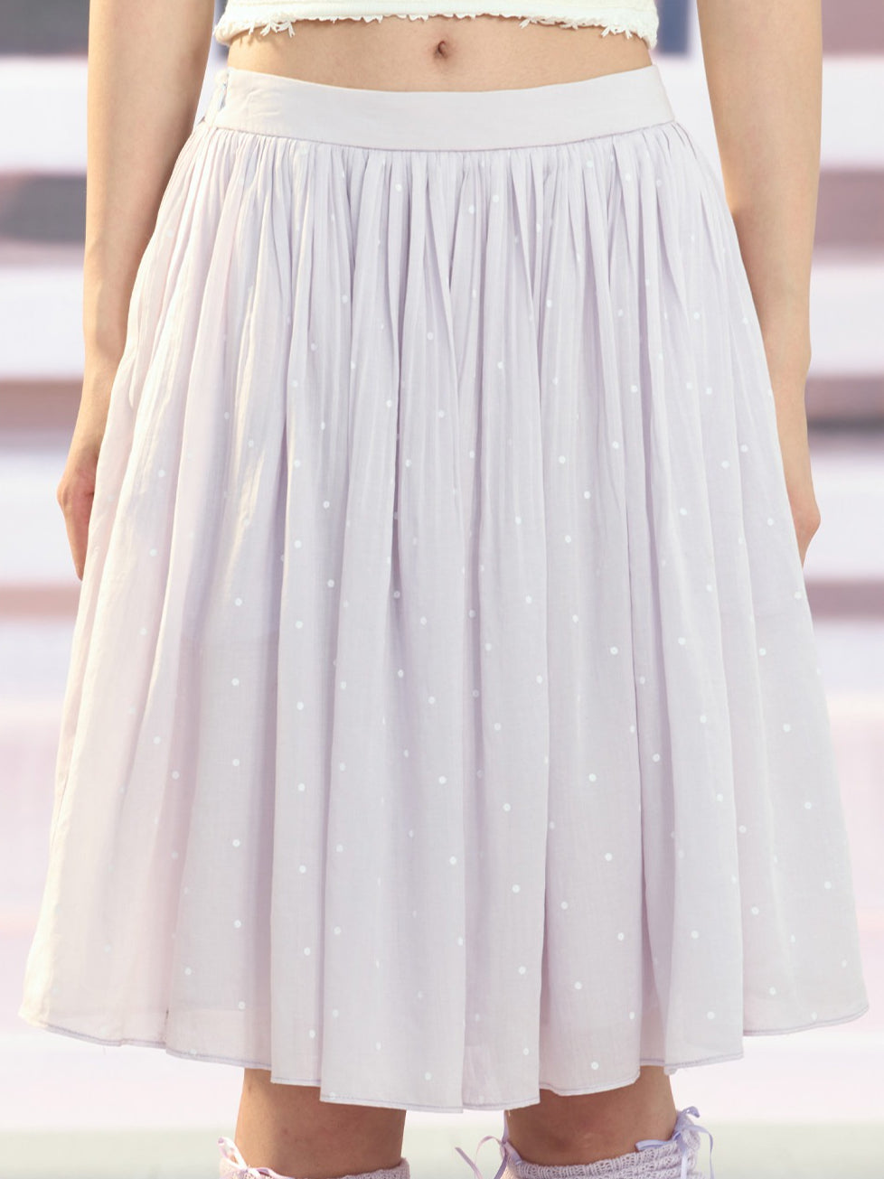 "Lavender Departure" Purple Polka Dot Pleated Midi Skirt