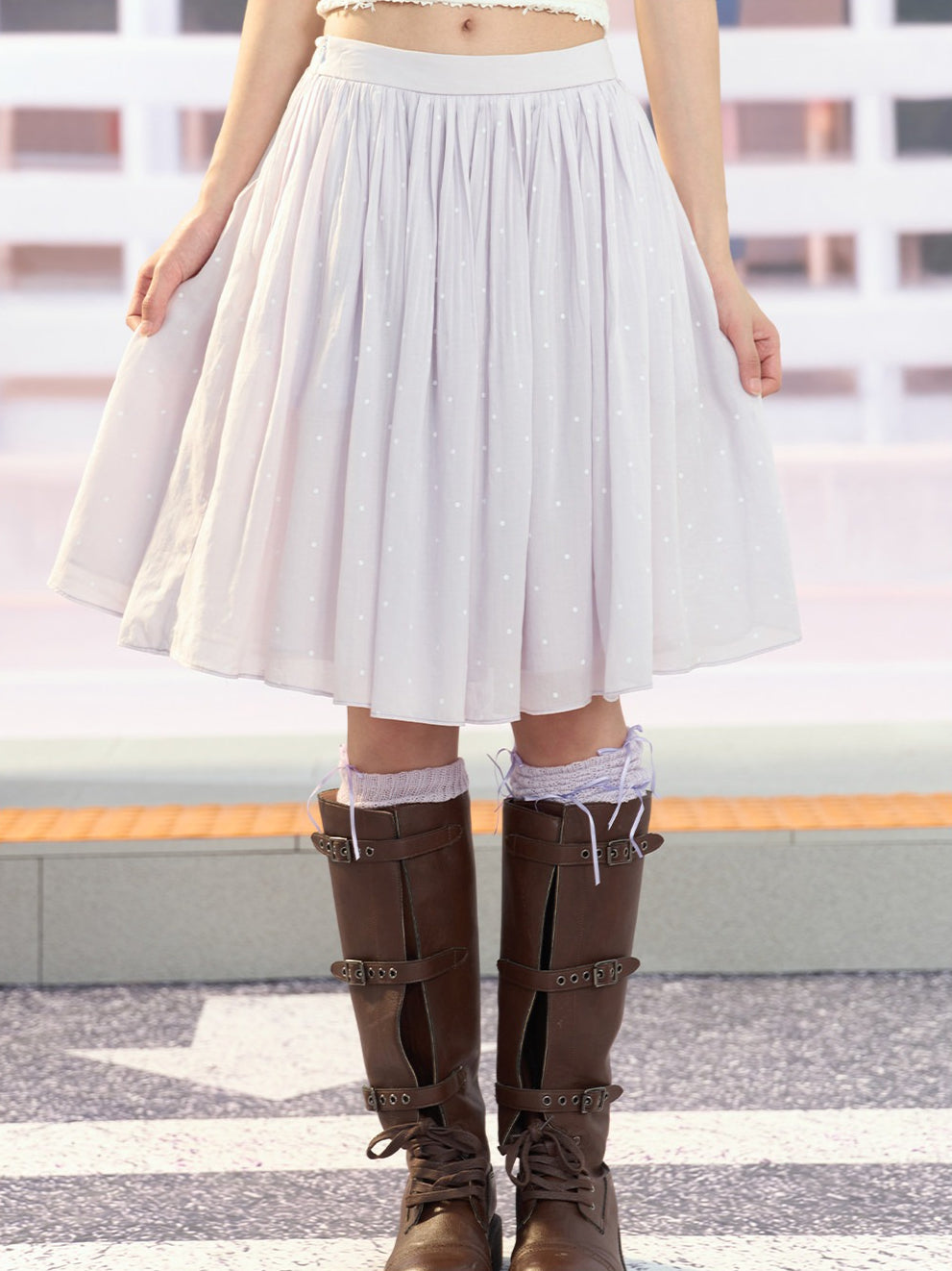 "Lavender Departure" Purple Polka Dot Pleated Midi Skirt