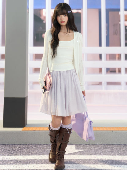 "Lavender Departure" Purple Polka Dot Pleated Midi Skirt