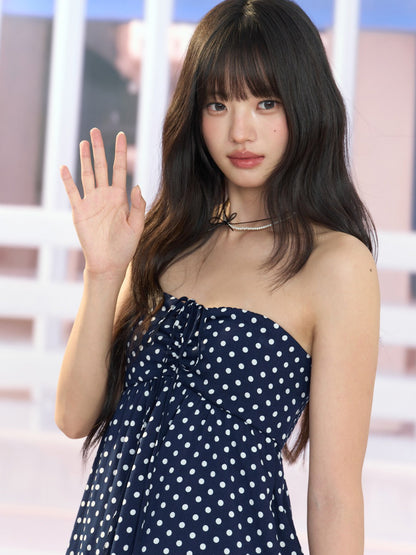 "Midnight Departure" Navy Polka Dot Convertible Babydoll Dress