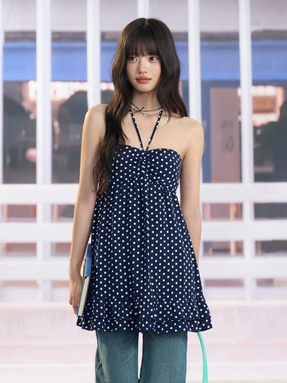 "Midnight Departure" Navy Polka Dot Convertible Babydoll Dress