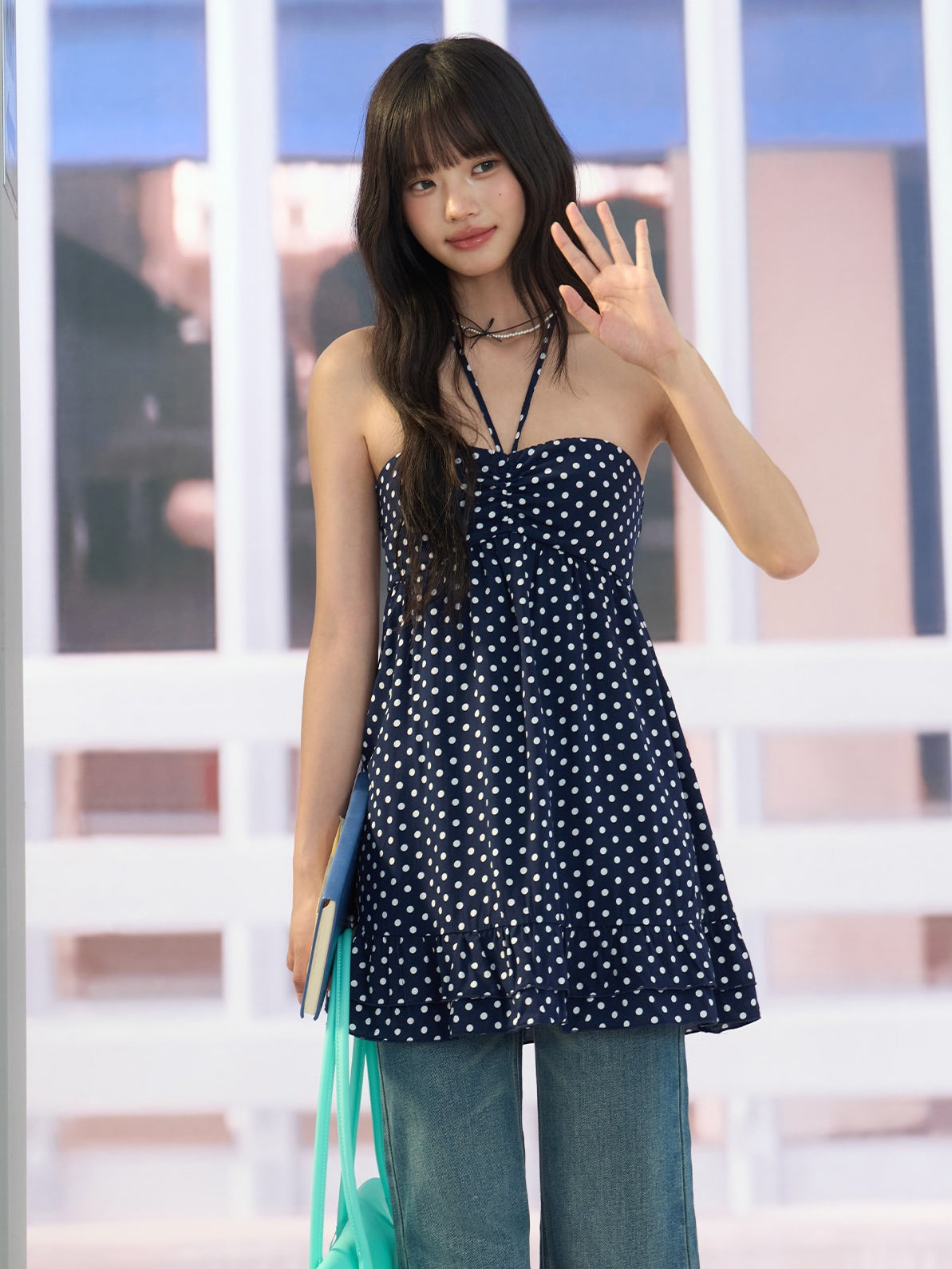 "Midnight Departure" Navy Polka Dot Convertible Babydoll Dress