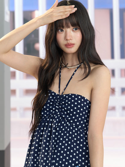 "Midnight Departure" Navy Polka Dot Convertible Babydoll Dress