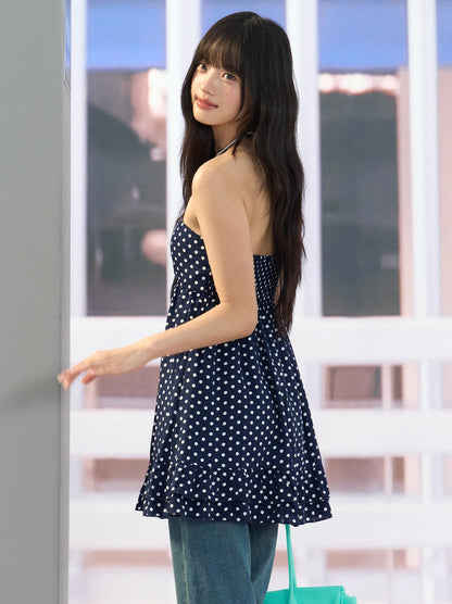 "Midnight Departure" Navy Polka Dot Convertible Babydoll Dress