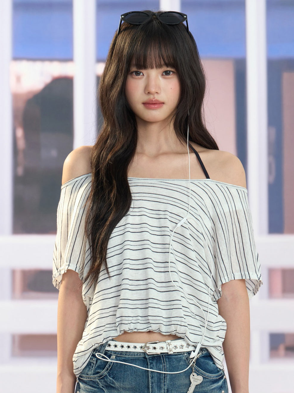 "Coastal Transit" Navy Striped Halter Off-Shoulder Top