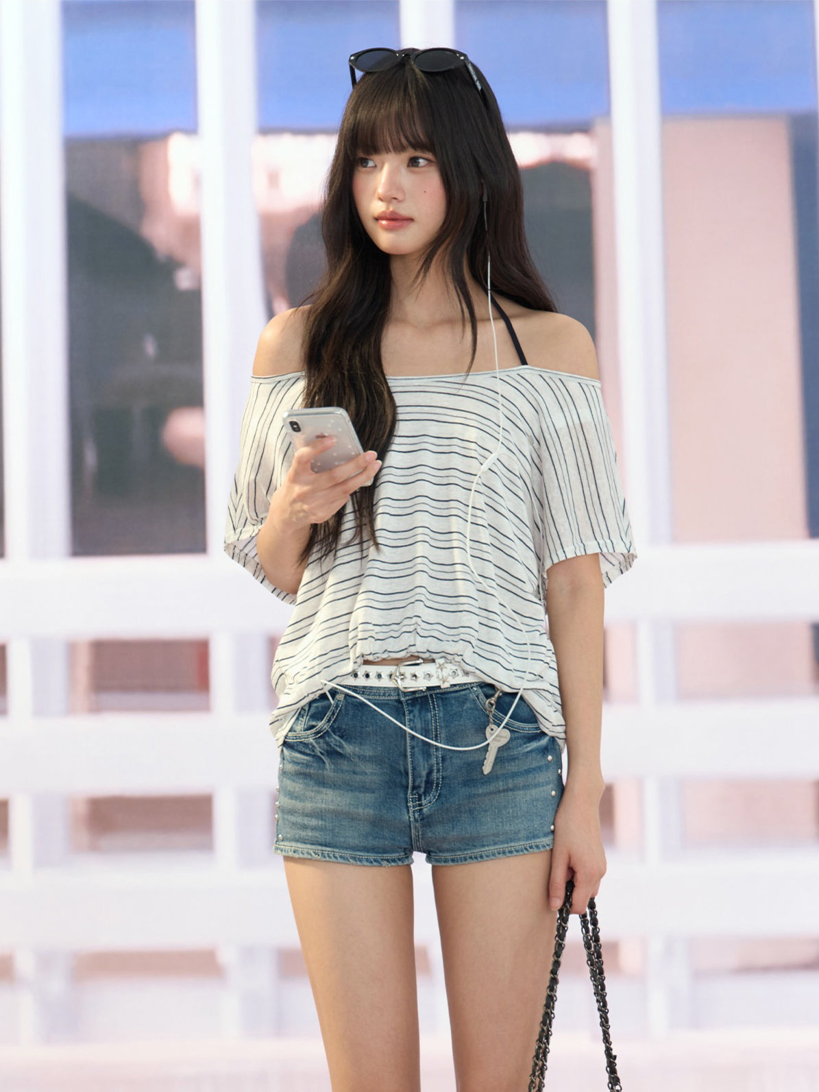 "Coastal Transit" Navy Striped Halter Off-Shoulder Top
