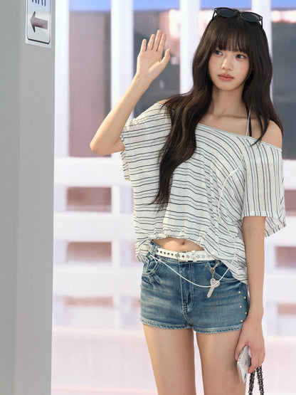 "Coastal Transit" Navy Striped Halter Off-Shoulder Top
