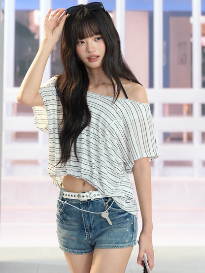 "Coastal Transit" Navy Striped Halter Off-Shoulder Top
