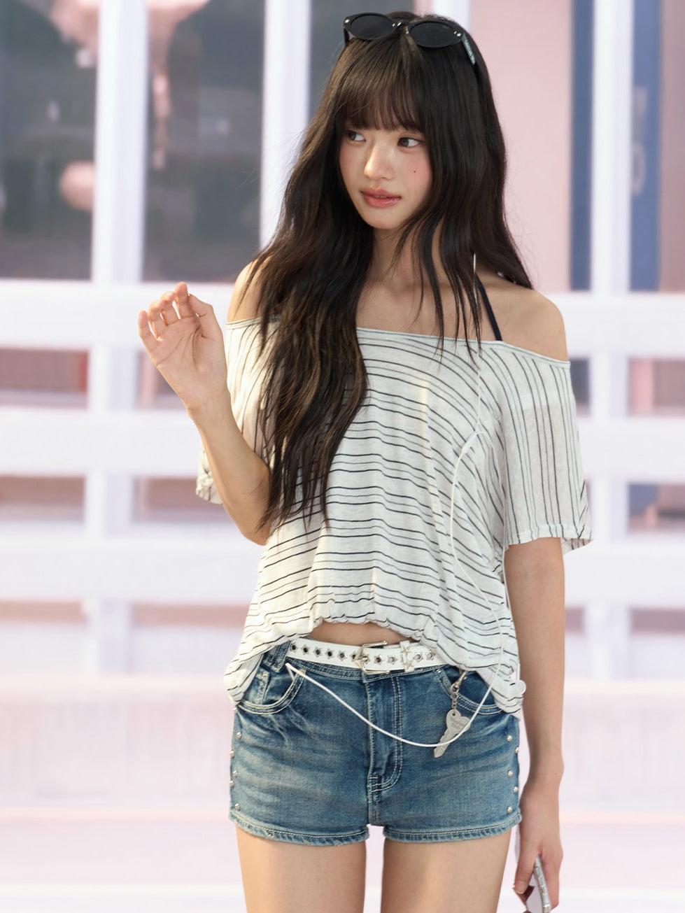"Coastal Transit" Navy Striped Halter Off-Shoulder Top
