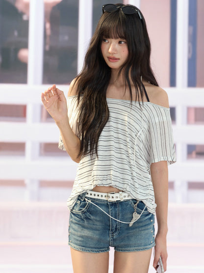 "Coastal Transit" Navy Striped Halter Off-Shoulder Top