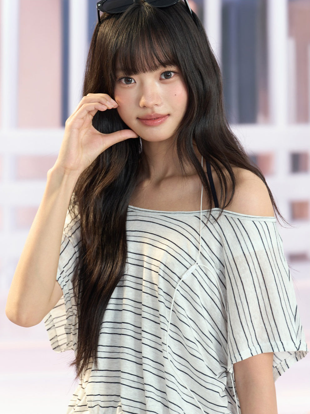 "Coastal Transit" Navy Striped Halter Off-Shoulder Top