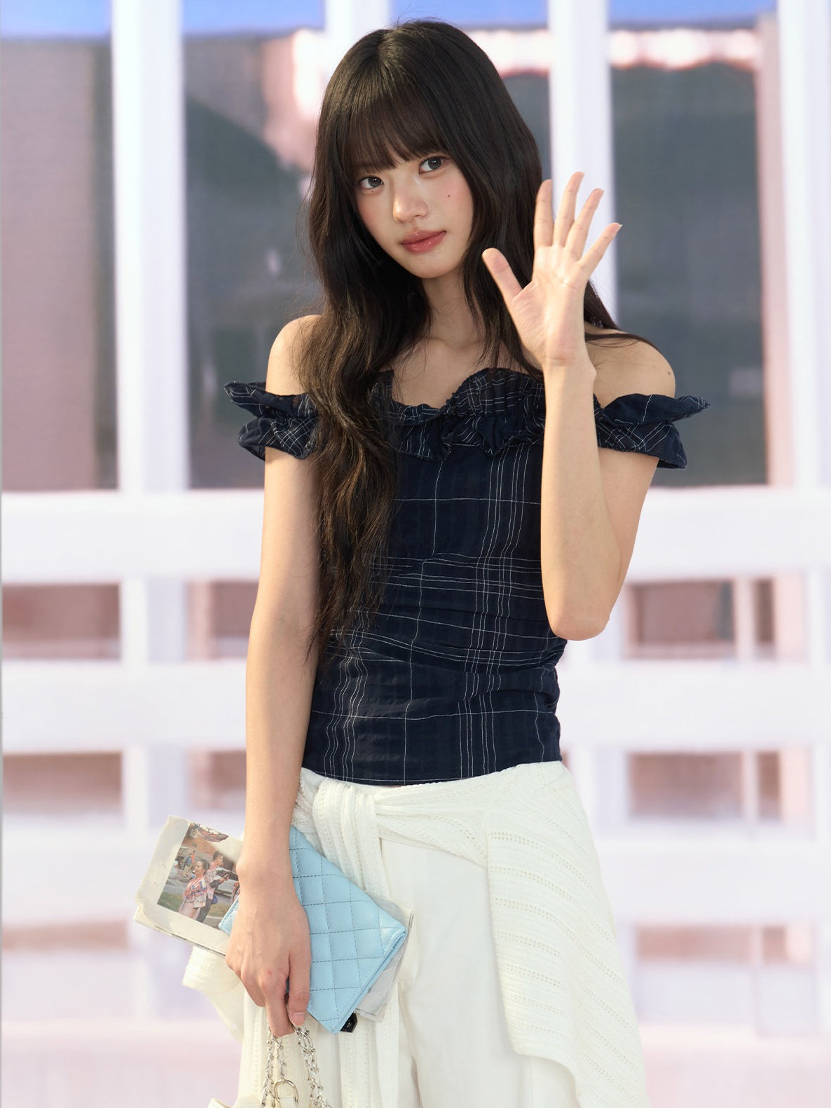 "Vintage Arrival" Navy Plaid Off-Shoulder Ruffle Top
