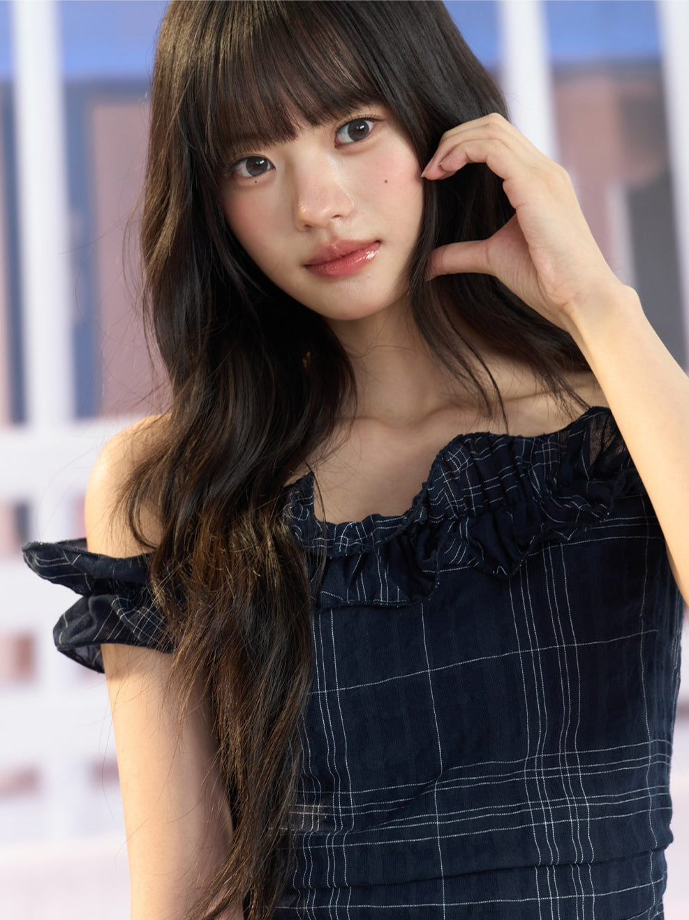 "Vintage Arrival" Navy Plaid Off-Shoulder Ruffle Top