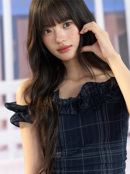 "Vintage Arrival" Navy Plaid Off-Shoulder Ruffle Top