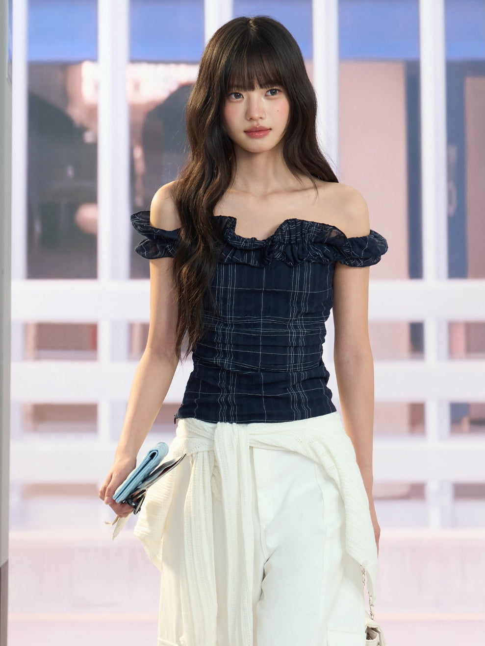 "Vintage Arrival" Navy Plaid Off-Shoulder Ruffle Top