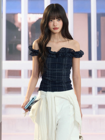 "Vintage Arrival" Navy Plaid Off-Shoulder Ruffle Top