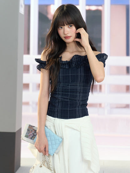 "Vintage Arrival" Navy Plaid Off-Shoulder Ruffle Top