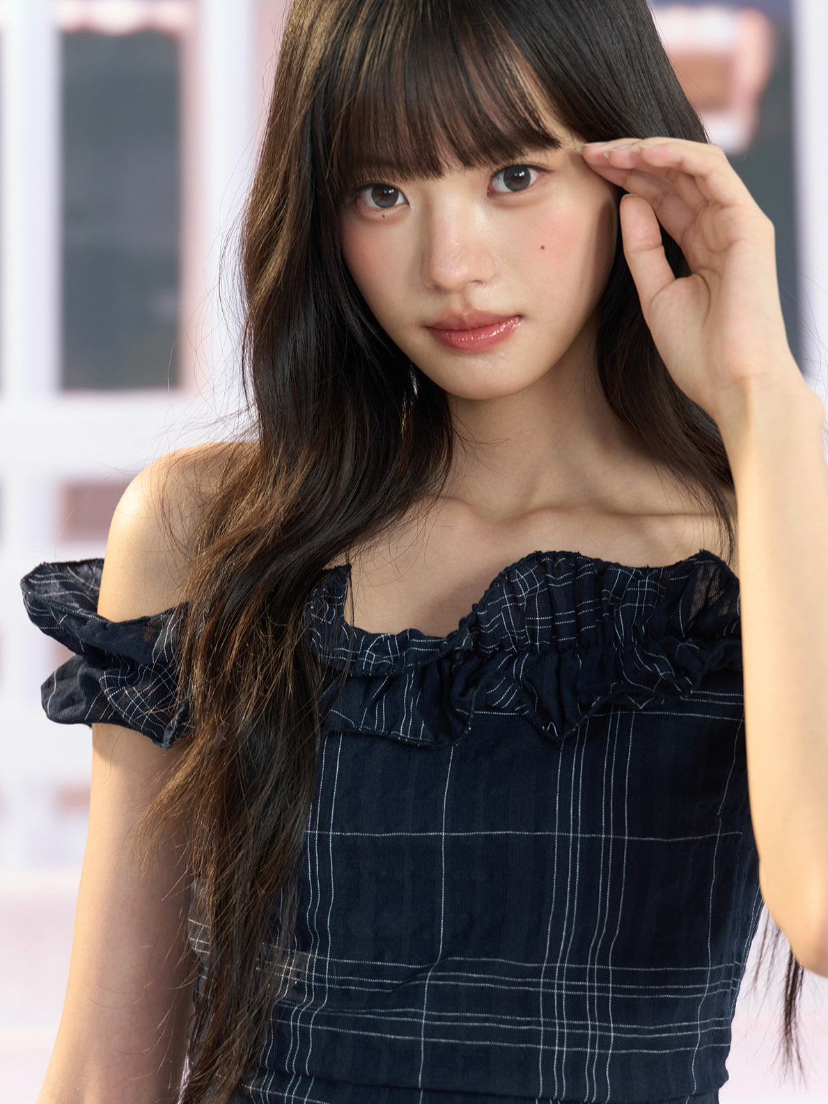 "Vintage Arrival" Navy Plaid Off-Shoulder Ruffle Top