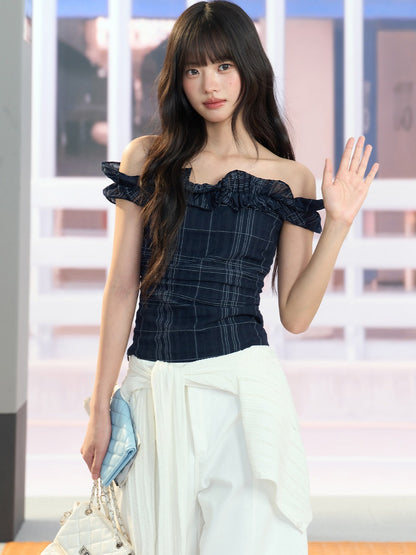 "Vintage Arrival" Navy Plaid Off-Shoulder Ruffle Top