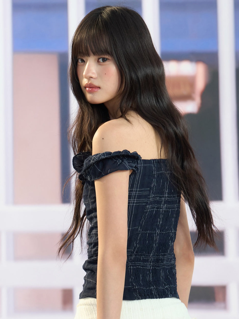 "Vintage Arrival" Navy Plaid Off-Shoulder Ruffle Top