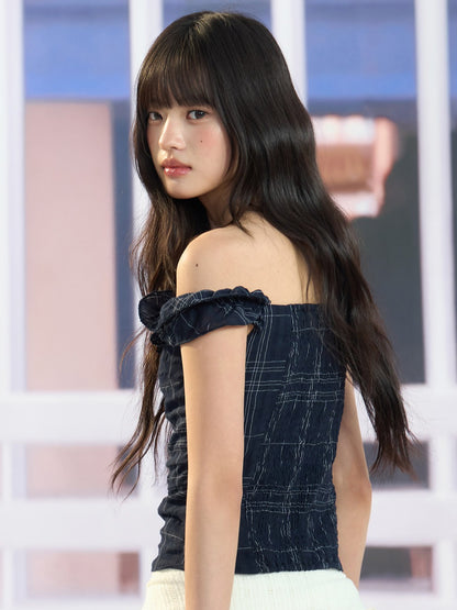 "Vintage Arrival" Navy Plaid Off-Shoulder Ruffle Top