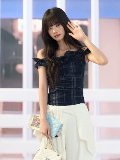 "Vintage Arrival" Navy Plaid Off-Shoulder Ruffle Top