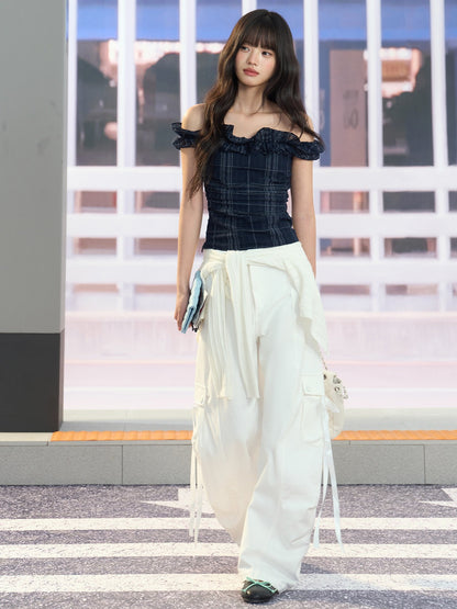 "Vintage Arrival" Navy Plaid Off-Shoulder Ruffle Top