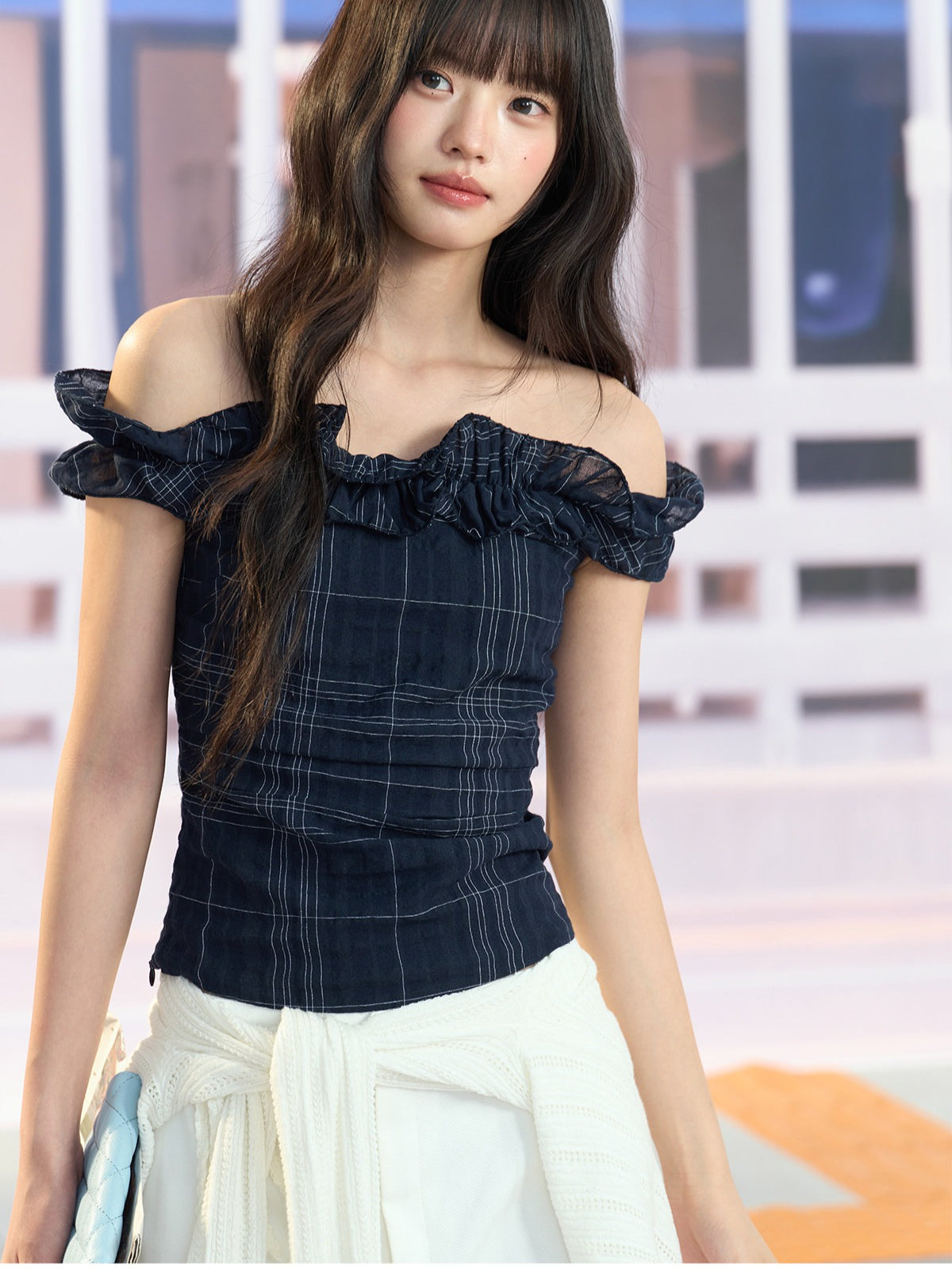 "Vintage Arrival" Navy Plaid Off-Shoulder Ruffle Top