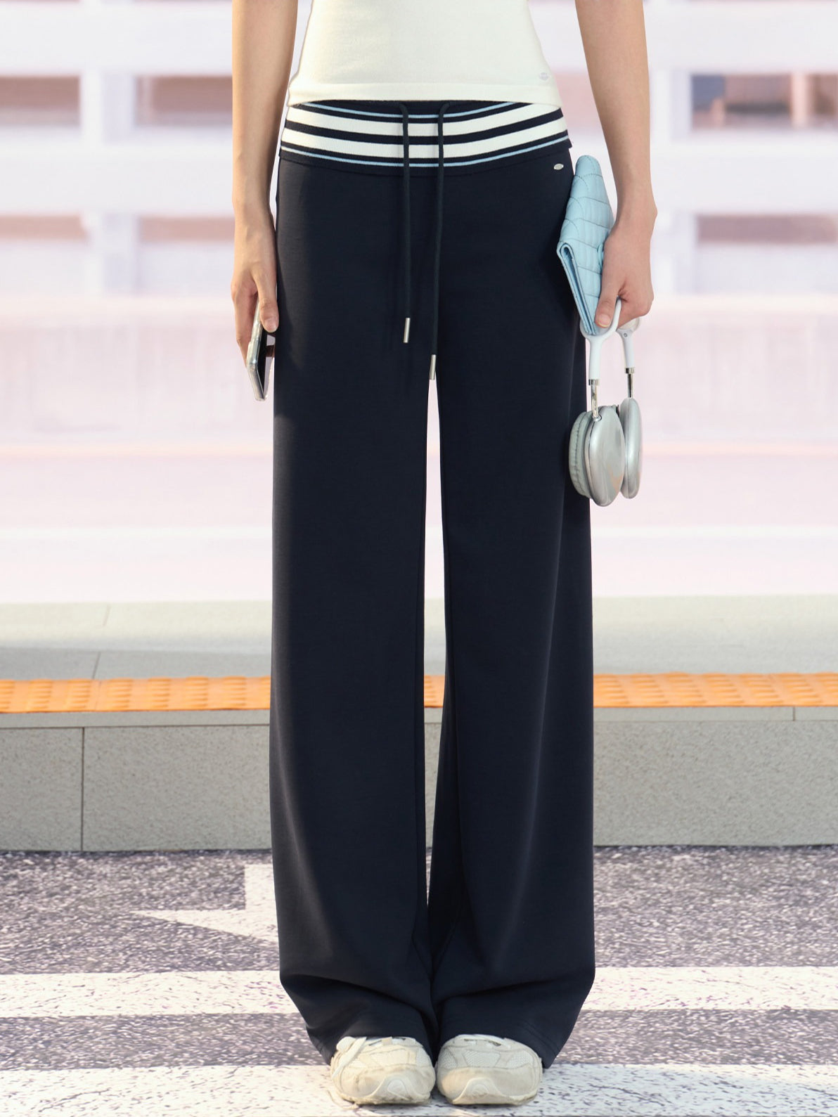 "Effortless Departure" Navy Drawstring Wide-Leg Pants