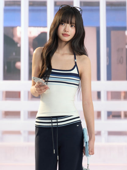 "Varsity Arrival" White Striped Beaded Halter Knit Tank