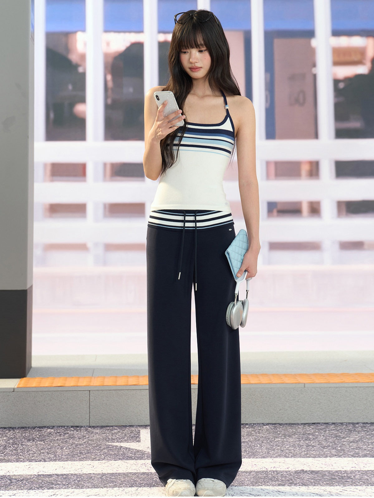 "Varsity Arrival" White Striped Beaded Halter Knit Tank