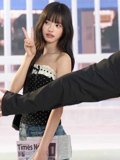 "Paris Departure" Black Polka Dot Lace Tube Top