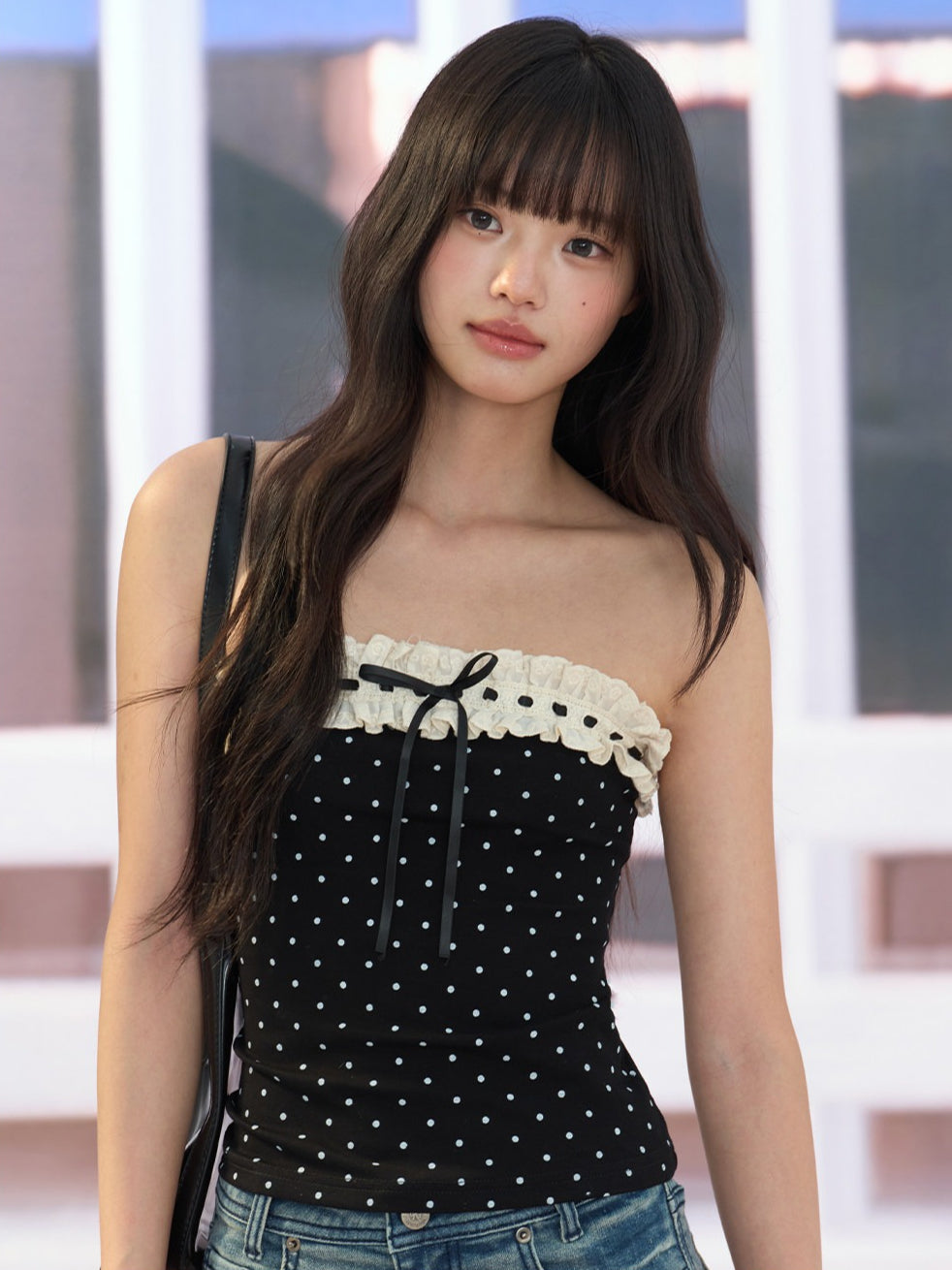 "Paris Departure" Black Polka Dot Lace Tube Top