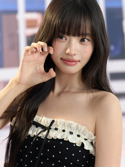 "Paris Departure" Black Polka Dot Lace Tube Top