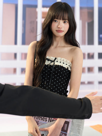 "Paris Departure" Black Polka Dot Lace Tube Top
