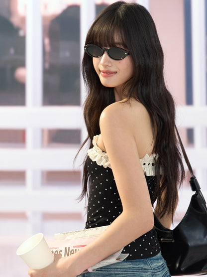 "Paris Departure" Black Polka Dot Lace Tube Top