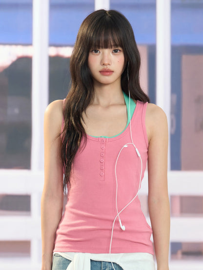 "Everyday Departure" Pink Henley Racerback Tank Top