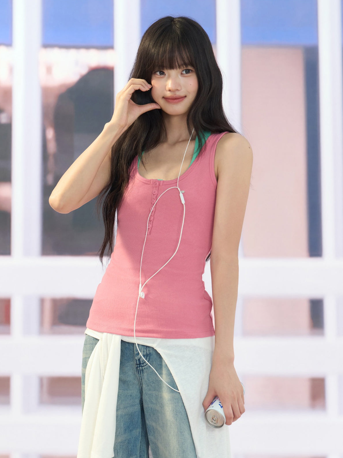 "Everyday Departure" Pink Henley Racerback Tank Top