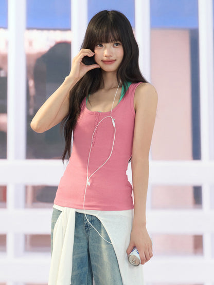 "Everyday Departure" Pink Henley Racerback Tank Top