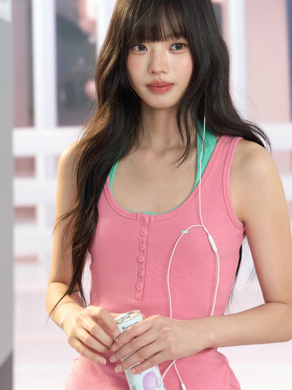 "Everyday Departure" Pink Henley Racerback Tank Top