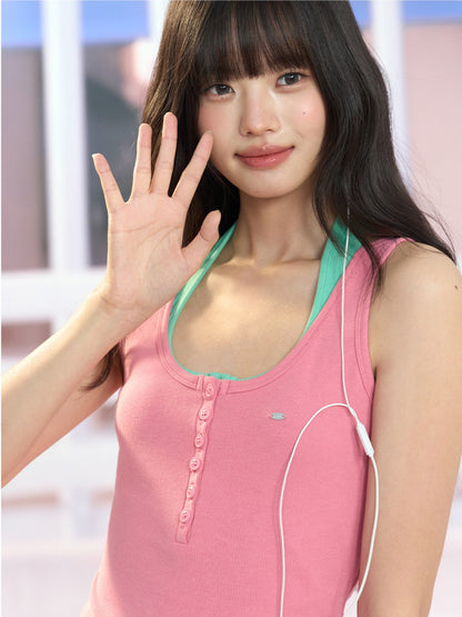 "Everyday Departure" Pink Henley Racerback Tank Top
