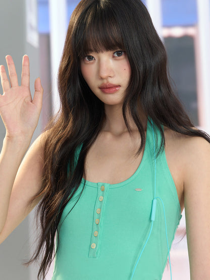 "Urban Departure" Green Henley Halter Tank Top