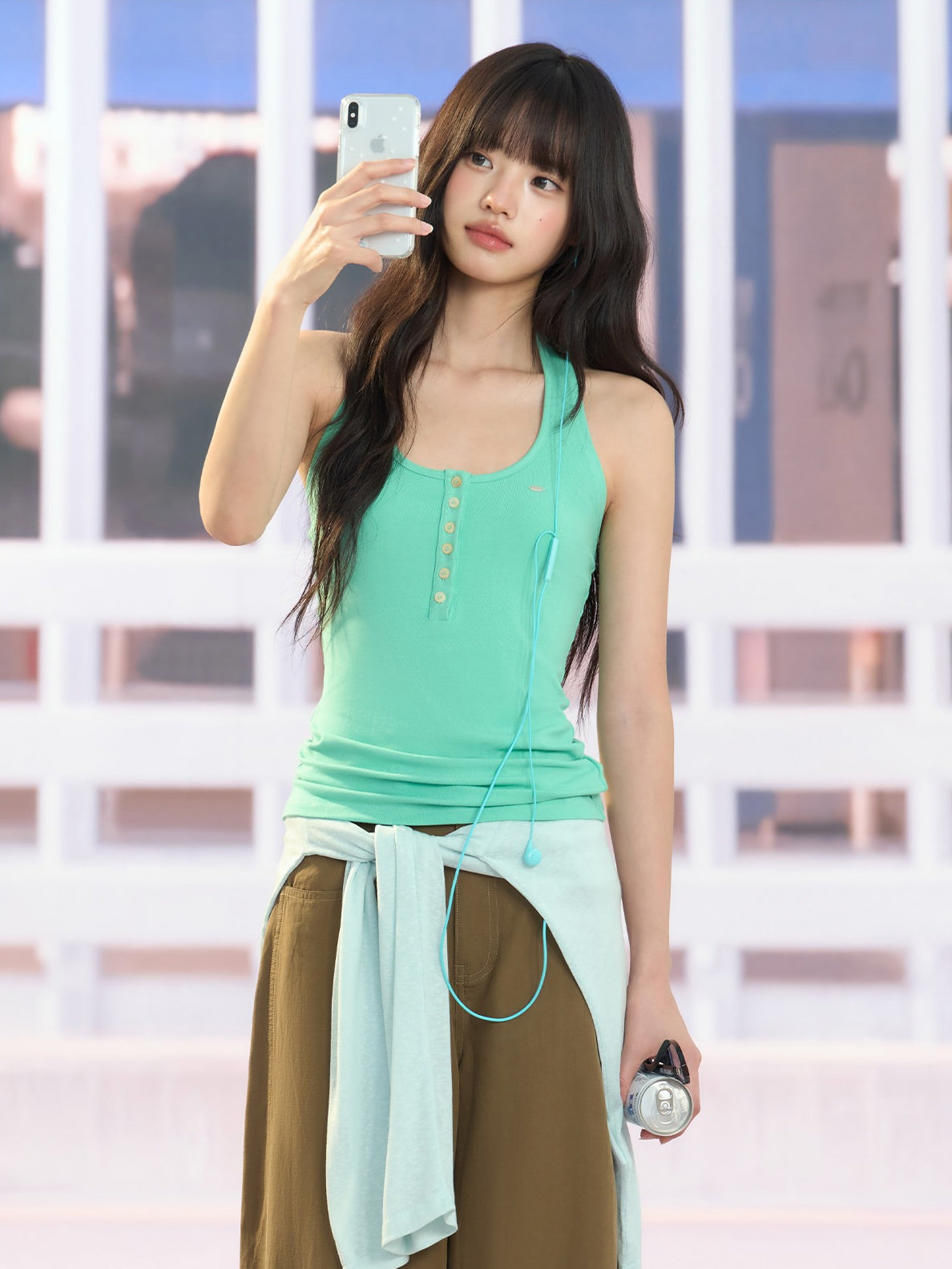 "Urban Departure" Green Henley Halter Tank Top