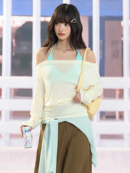 "Soft Breeze" Apricot Off-Shoulder Sun Cover Top